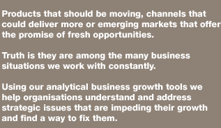 Products that should be moving, channels that colud deliver more ir emerging markets that offer the promise of fresh opportunities. Truth is they are among the many business situations we work with constantly. Using our analytical business growth tools we help organisations understand and address strategic issues that are impeding their growth and find a way to fix them.